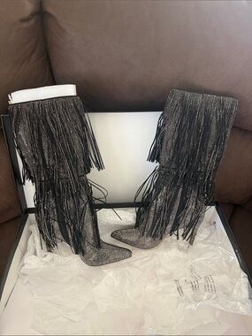 INC Women’s Black Rhinestone Fringe Knee-High Boots